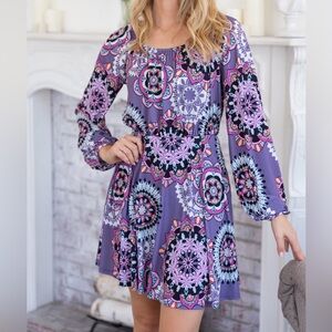 NWT White Birch Purple Paisley Print Long Sleeve Mini Dress w/ Bike Short Liner
